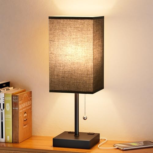 Black Lamp for Bedroom - 3 Color Temperatures, USB A+C, 2 AC Outlets