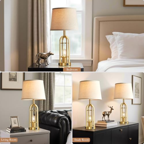 SRJJA Gold Table Lamps for Living Room Set of 2 - Modern Farmhouse Bedside Lamps for Bedroom Night Stands with Nightlight and USB A+C, Industrial Lamp for Living Room End Tables