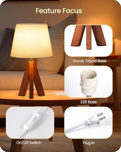 Small Tripod Table Lamps Set of 2, Modern Nightstand Lamp with Fabric Shade, Boho Bedside Wood Desk Light for Bedroom, Kids Room, Living Room, Office, Study, Dark Wood and White, LW51TLP205