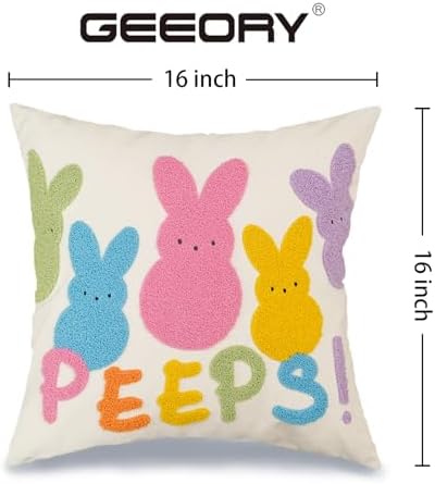 GEEORY Easter Embroidered Pastel Bunny Peeps Pillow Cover 16x16 Inch, Easter Decorations Farmhouse Decor Canvas Cushion Case for Living Room, Sofa & Bed GX019-1-16