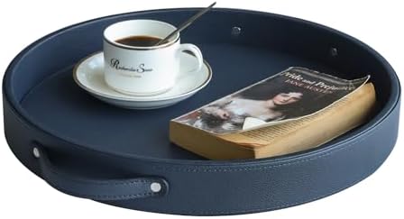 HofferRuffer Top Nocth PU Leather Round Serving Tray, Decorative Serving Tray with Handles, Coffee Tray, Ottoman Tray for Home Or Office, Diameter 14.6-inch (Dark Blue)