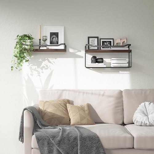 WOPITUES Floating Shelves with Wire Storage Basket, Bathroom Shelves Over Toilet with Protective Metal Guardrail, Wood Wall Shelves for Bathroom, Bedroom, Living Room, Toilet Paper- Dark Brown