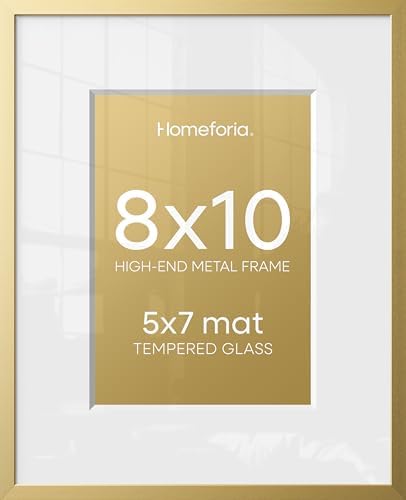 Homeforia 8x10 Gold Picture Frame, High-End Metal, 5x7 Mat, Glass