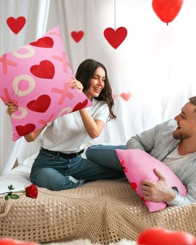 Valentines Pillow Cover 18x18 Inch - Embroidered Valentines Day Red Hearts Hugs and Kisses XO Design Throw Pillow Cover Decorations Soft Cushion Case Home Decor for Couch, Sofa, or Bed(1 Pack)