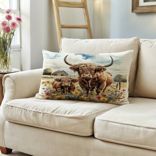 Highland Cow Decorative Throw Pillow Covers with Wildflowers 12×20 Inch Farmhouse Rustic Cushion Cover Western Cows Lumbar Pillowcase 2Pack for Couch Sofa (Yellow)