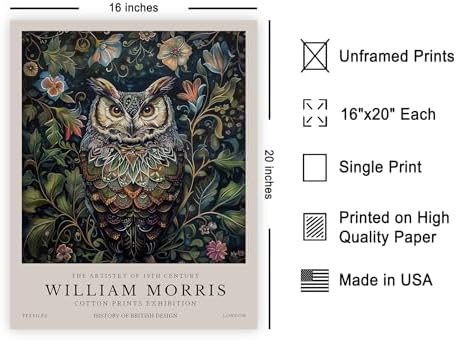 Poster Master Owl Print - William Morris Poster - Flower & Animal Illustration - Botanical Exhibition Wall Design - Floral Bird Artwork - Aesthetic Office or Bedroom Decor - 16x20 UNFRAMED Wall Art