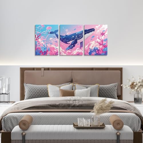 Feelyou Pretty Whale 3 Piece Canvas Wall Art for Living Room Bedroom Pink Blue Ocean Wall Art for Home Decor Jellyfish Office Wall Decor Dreamy Ocean Wall Painting