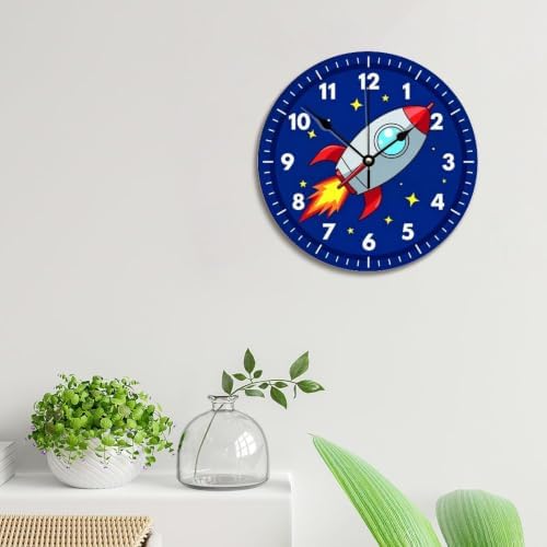 Kids Room Wall Clock Colourful Rocket Ship Outer Space Wood Clock 10 Silent Non-Ticking Quartz Battery Operated Clock Art for Vintage Farmhouse Living Room Bedroom Office Kitchen Birthday Wedding Gift