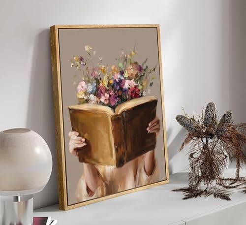 ONSKMDANT Framed Vintage Floral Reading Woman Canvas Wall Art 16x24 Inch | Floral Literary Theme, Vintage Preppy Aesthetic, Perfect For Library, Living Room, Bedroom, Ready To Hang