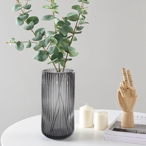 Modern Grey Glass Vase-11 Inch Tall Ribbed Glass Cylinder Vases for Flowers, Bouquet, Desk, Dining Table, Shelf, Decorative Flower Vase for Centerpieces, Home Decor, Living Room, Wedding