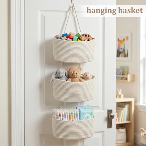 TeoKJ Over the Door Hanging Basket, 3-Tier Woven Cotton Wall-Mounted Storage Organizer Bag Decorative Hanging Nursery Baskets, White