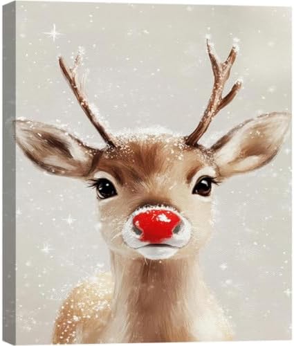 FLZYKGPA Funny Red Nose Deer Pictures Wall Decor Prints 8x12in, Cute Christmas Wall Art Decorations for Home Kitchen Bedroom Bathroom Living Room Office, Winter Cabin Canvas Decor