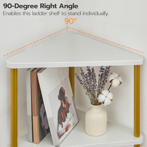 HOOBRO Corner Shelf Stand, Industrial 5-Tier Wall Corner Bookshelf with Metal Frame, Plant Display Shelf, Bookcase for Small Spaces, Bedroom, Living Room, White and Gold DW33CJ01