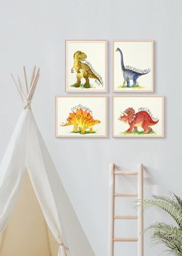 DREAM BIG PRINTABLES Dinosaur Watercolor Art Prints (Set of 4) - Unframed - 8x10s | Set includes Tyrannosaurus Rex (T-Rex), Triceratops, Stegosaurus, and Brachiosaurus | Kids Wall Decor