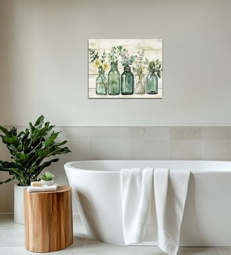 Yaoliyu Rustic Bathroom Decor Eucalyptus Flower Canvas Wall Art Green Botanical Prints Plant Floral Glass Vase Painting Bathroom Picture Wall Decor Farmhouse Artwork 16x20inch