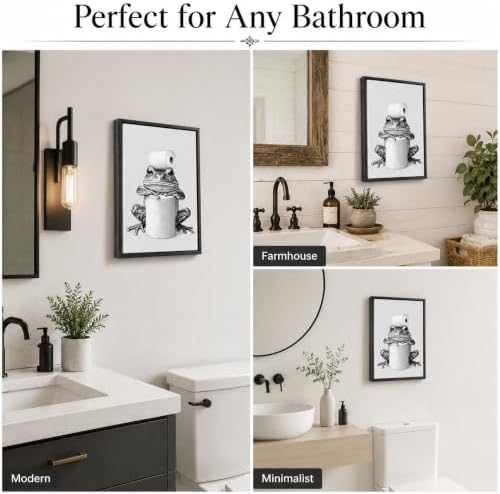 Framed Funny Bathroom Wall Art, Frog Toilet Paper Canvas Print, Minimalist Black and White Humor Bathroom Animal Decor for Restroom Toilet 8x10in