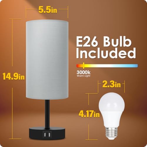 Yarra-Decor Bedside Lamp with USB Port - Touch Control Table Lamp for Bedroom 3 Way Dimmable Nightstand Lamp with Round Grey Fabric Shade for Living Room, Dorm, Home Office (LED Bulb Included)