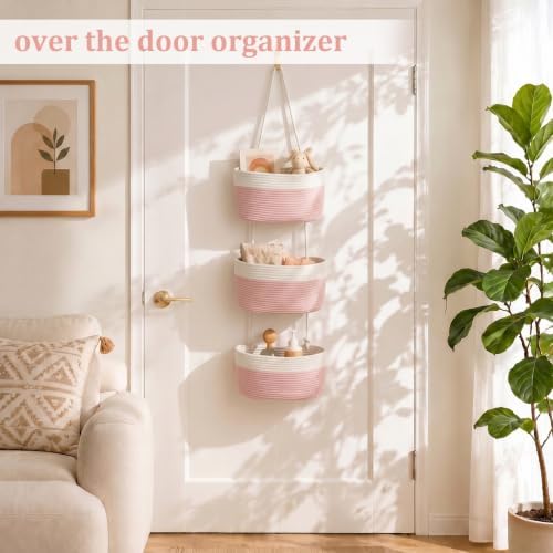 TeoKJ Over the Door Hanging Basket, 3-Tier Woven Cotton Wall-Mounted Storage Organizer Bag Decorative Hanging Nursery Baskets, Pink & White