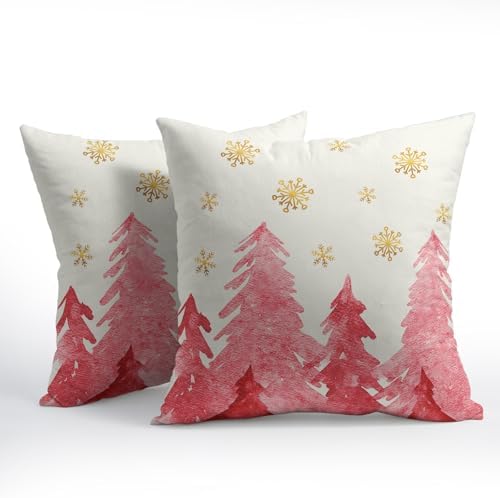 Christmas Tree Throw Pillow 20x20 Inch Set of 2 Cover Winter Christmas Pillowcase Pink Trees Golden Snowflake Decorative Cushion Cover Holiday Rustic Tree Pillow Protector for Home Sofa