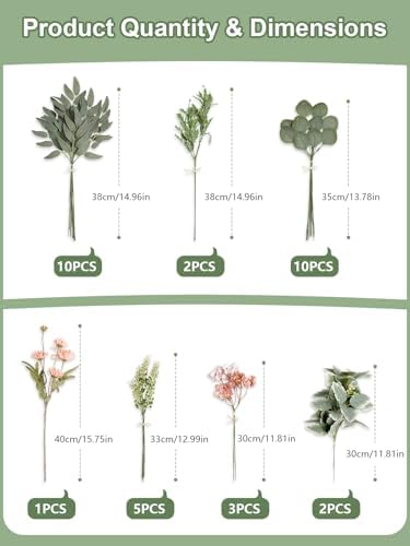 Artificial Greenery Stems Box Set, 33pcs with 7 Kinds of Faux Greenery Picks for DIY Bridal Bouquets Wedding Floral Arrangement Table Centerpieces(Green & Pink)