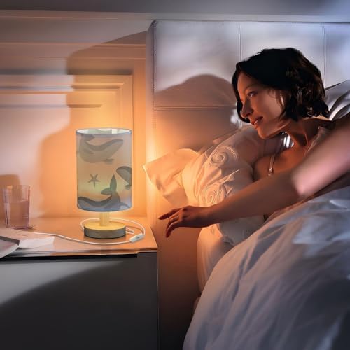 Starfish Gray Whale Table Lamp Bedside Lamps with USB Port,Wood Base Round Flaxen Fabric Shade for Bedroom