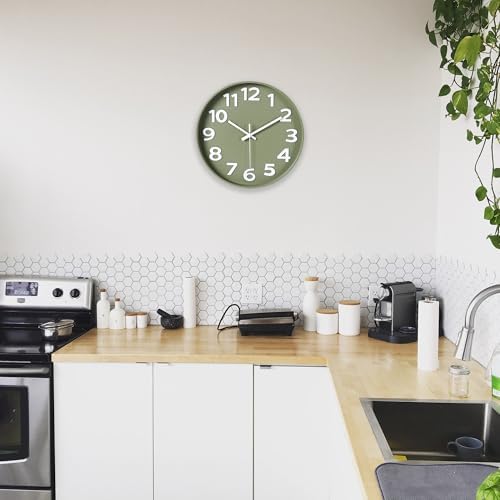 45MinST 12 Inch 3D Number Dial Face Modern Indoor Outdoor Clock, Silent Non-Ticking Round Home Decor Wall Clock with Arabic Numerals, Colorful Dial Face (Olive Green)