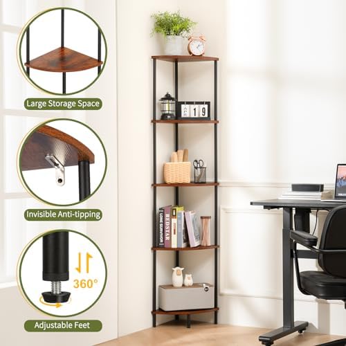 Yoobure Corner Shelf Stand, 5-Tier Bookshelf, 65" Tall Shelves for Bedroom, Living Room, Narrow Display Shelf Bookcase, Rustic Book Shelf with Display Shelves for Office