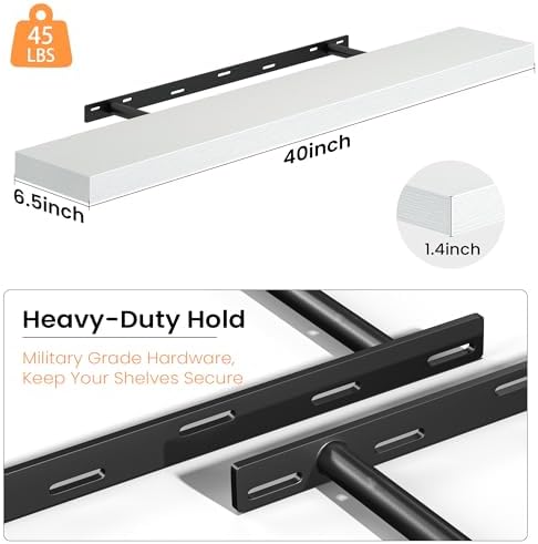 40 Inch Floating Shelves for Wall, Rustic Wood Wall Mounted Deep Storage Shelves with Invisible Brackets, Long Decorative Display Ledge for Living Room Bedroom Bathroom and Kitchen, Set of 2, White