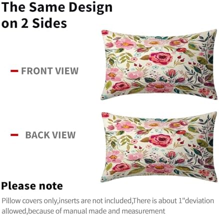 Spring Summer Flower Throw Pillow Covers 20x12 Inch Watercolor Peony Pillowcase Hot Pink Flora with Green Leaves Girly Decorative Cotton Cushion Cover Set of 2 for Home Garden Outdoor Bed