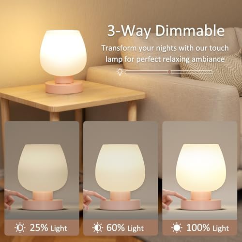 Seealle Pink Touch Table Lamp for Nightstand - Small Bedside Lamp for Bedroom Living Room Night Stands, Desk Lamp with White Glass Shade for Small Spaces, 3 Way Dimmable, LED Bulbs