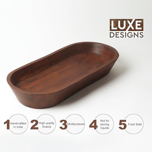 Luxe Designs Wooden Dough Bowl - Natural Acacia Wood - Handmade Decorative Bowls for Home Decor, Bathroom, Kitchen Counter, & More - Rustic Large Wood Dough Bowl for Decor, Cosmetics, and Keys