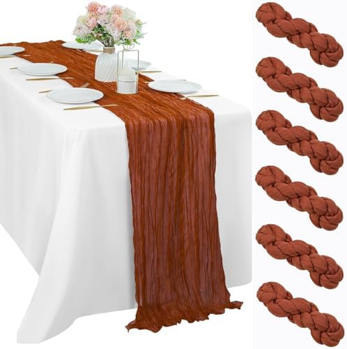 6 Pcs Cheesecloth Table Runner 10FT Terracotta Runner for Tables Gauze Fabric 35 x 120 Inches Long Boho Table Runner Decor Rustic Sheer Runner for Wedding Birthday Bridal Shower Party (Terracotta)