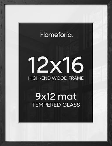 Homeforia 12x16 Black Oak Picture Frame, High-End Wood, 9x12 Mat, Glass