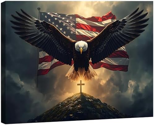 Patriotic Bald Eagle with US Flag & Cross Canvas Wall Art, Christian 4th of July Patriotic Wall Decor, Framed Inspirational Canvas Prints, Independence Day Pictures for Office, Bedroom