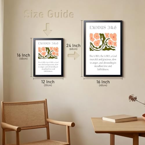 Framed Exodus 34:6 Bible Verse Wall Art, Christian Floral Canvas Wall Decor Painting, Boho Floral Religious Inspirational Scripture Print Poster Picture for Living Room Bedroom Prayer Home Decor 16x24 Inch