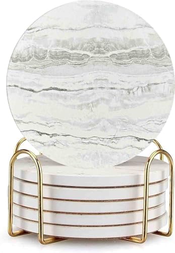 Drink Coasters with Holder 6 Pack, Ceramic Marble Style, Absorbent Abstract Coasters Set, 4in Cup Mat for Any Cups, Home, Living Room Decor, Tabletop-Protection for Coffee Beverage-Beige