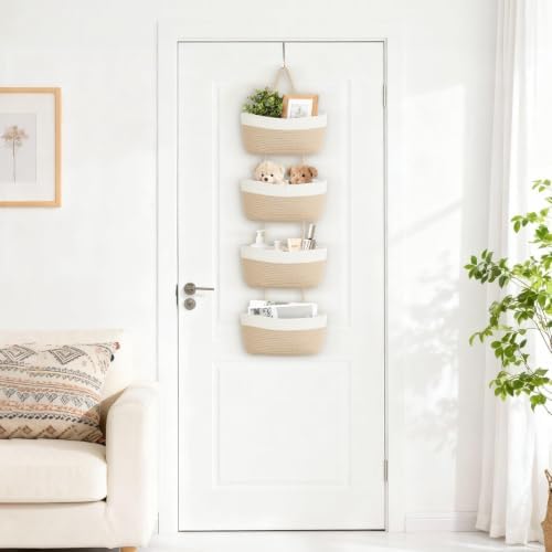 Over The Door Hanging Basket Storage 4-Tier Woven Wall Basket, Jute & White