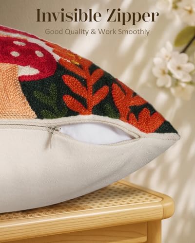 Embroidered Throw Pillow Cover 18x18 Inch - Spring Summer Boho Decorative Pillow Cover with Zipper for Living Room Couch Sofa Bed Aesthetic Design Mushroom Moon Cushion Pillowcase (Pack of 2)