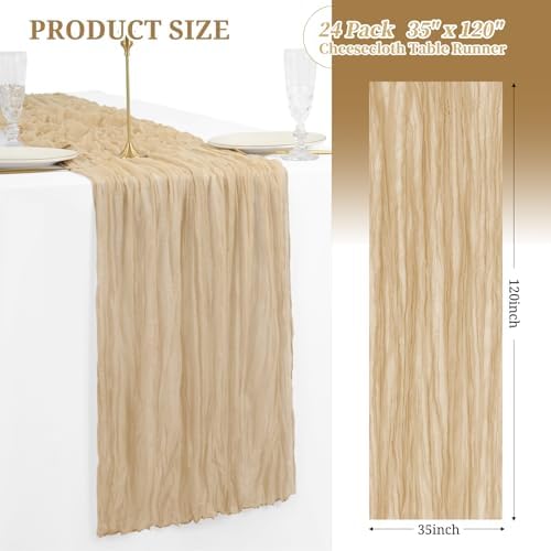 24 Pack Beige Cheesecloth Table Runner, Extra Wide 35x120 Inch
