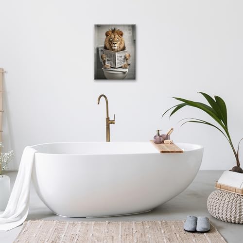 Funny Lion Bathroom Wall Art Cute Lion Toilet Wall Decor Pictures Animal Bathroom Canvas Prints Painting Home Decorations Restroom Artwork Ready to Hang Framed Gifts 16"x20"
