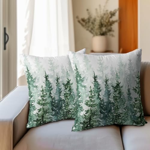 Winter Forest Pillow Covers 24x24 Inch 2Pcs Watercolor Green Misty Pine Tree Nature Landscape Throw Pillows Cover Mountain Square Cushion Cover for Home Sofa Patio Living Room