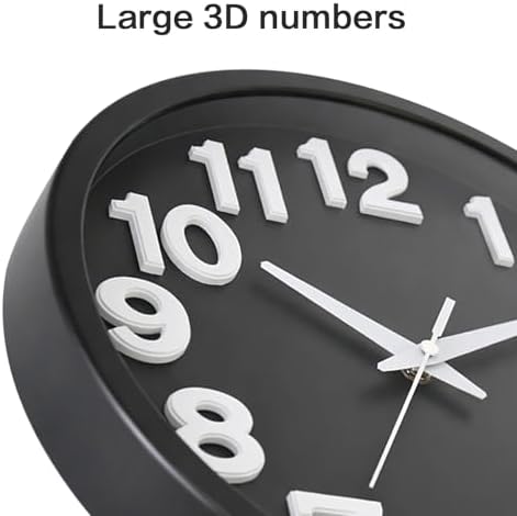 Caysie 12 Inch Large 3D Numbers Silent Non Ticking Wall Clock, Modern Quartz Battery Operated Round Clock, Decorative for Kitchen, Bedroom, Living Room, Office (Black)