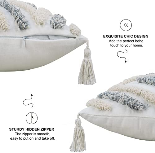 Merrycolor Boho Decorative Throw Pillow Covers Grey and White Pillow Cover with Tassels Soft Woven Tufted Pillow Case Neutral Accent Cushion Cover for Couch Sofa Bedroom,18x18,1PC