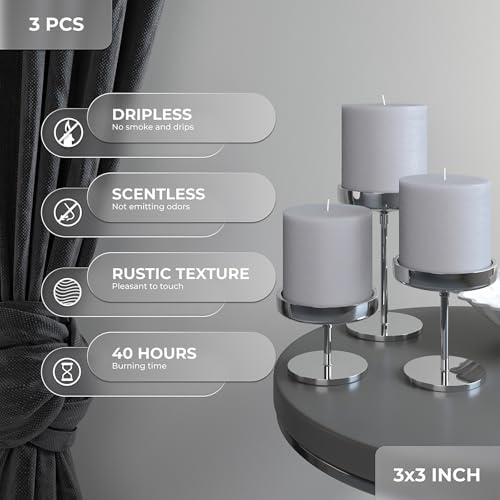 CANDWAX 3x3 Pillar Candles Set of 3 - Rustic Unscented No Drip Light Gray Candles for Home Decor, Weddings, Centerpieces