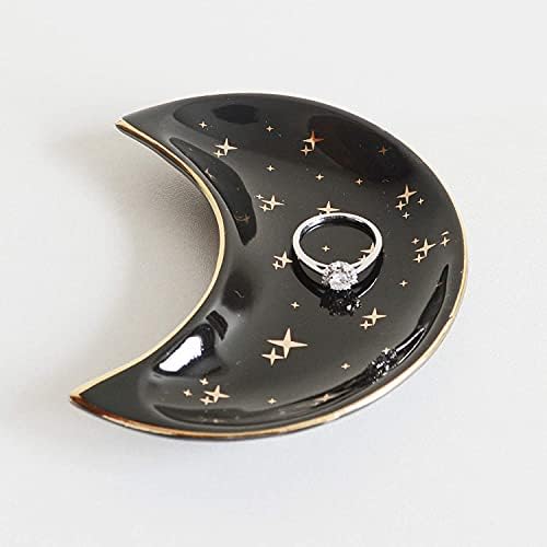 Small Moon Jewelry Dish Tray, Decorative Ceramic Trinket Dish, Modern Accent Tray for Vanity 2pcs（White and Black ）