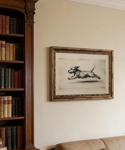Vintage Gold Framed Wall Art Antique Terrier Sketch Wall Art Running Dog Wall Decor Picture Classic Minimalist Line Dog Poster Print for Living Room Bedroom 9x11in
