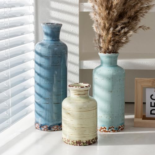 Vintage Ceramic Flower Vase Set of 3, Rustic Farmhouse Vase for Home Decor, Distressed Decorative Vase for Table Entryway Mantel Centerpiece Living Room Bathroom Bedroom (Pale Teal Wood)