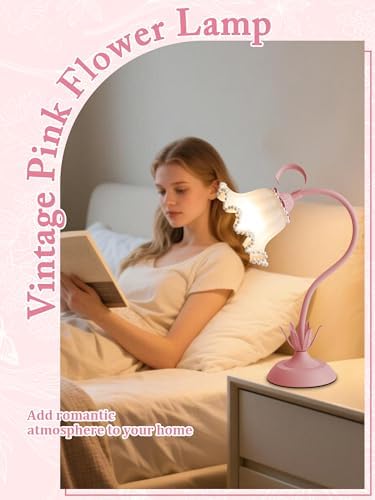 Flower Table Lamp LED Reading Light Vintage Night light (Pink Pearls)