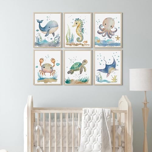 Nursery Sea Animal Wall Decor Set of 6 Ocean Watercolor Canvas Wall Art Baby Boys Room Wall Art Ocean Sea Animal Pictures Kids Girl Art Prints Nursery Artwork for Bedroom 12x16 Inch Framed