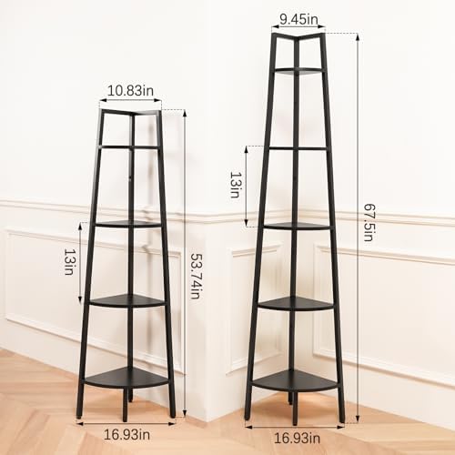 Yoobure 5-Tier Corner Shelf Stand- 67.5" Tall Corner Bookshelf with Metal Frame, Industrial Ladder Corner Shelves Display Shelf for Bedroom Living Room, Corner Bookcase Corner Plant Stand for Balcony